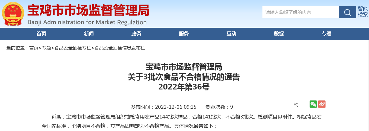 陜西省寶雞市市場監(jiān)管局抽檢食用農(nóng)產(chǎn)品144批次 不合格3批次